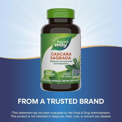 Nature’s Way Cascara Sagrada Bark, Occasional Constipation Relief*, Supports Regularity*, Non-GMO Project Verified, 270 mg per Serving, 180 Capsules (Packaging May Vary) in Saudi Arabia
