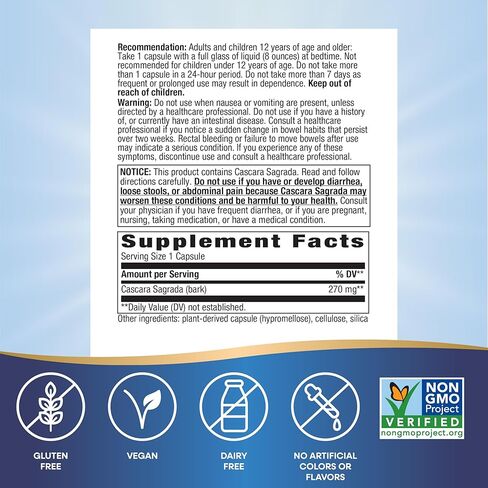 Nature’s Way Cascara Sagrada Bark, Occasional Constipation Relief*, Supports Regularity*, Non-GMO Project Verified, 270 mg per Serving, 180 Capsules (Packaging May Vary) in Saudi Arabia