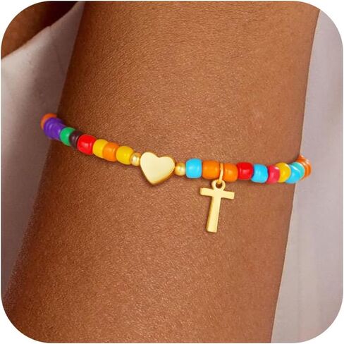 Colorful Initial Bracelets for Women Girls - Trendy Beaded Heart Initial Bracelet Teen Girl Gifts Trendy Stuff Bohemian Gold Letter Bracelet Personalized Gifts for Women Girls Jewelry in Saudi Arabia
