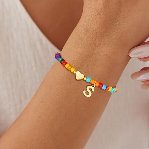 Colorful Initial Bracelets for Women Girls - Trendy Beaded Heart Initial Bracelet Teen Girl Gifts Trendy Stuff Bohemian Gold Letter Bracelet Personalized Gifts for Women Girls Jewelry in Saudi Arabia