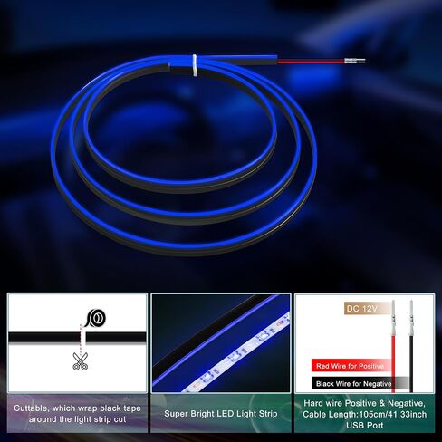 Tesla Model 3/Y/S/X Acrylic Interior Car LED Strip Light with 6mm Sewing Edge - 43.3 inches Tesla Ambient Lighting Kits, Tesla Neon LED Strip Light(110CM/43.3IN, Blue) in Kuwait