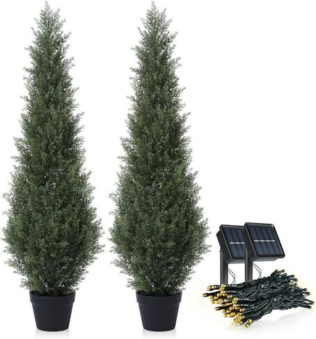 Artificial Cedar Topiary Trees for Outdoors 3ft Fake Cypress Plants with Solar Light String, Faux uv Resistant Plants for Home Front Porch Decor，Set of 2 in Kuwait