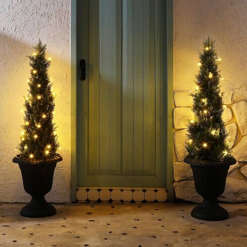 Artificial Cedar Topiary Trees for Outdoors 3ft Fake Cypress Plants with Solar Light String, Faux uv Resistant Plants for Home Front Porch Decor，Set of 2 in Kuwait