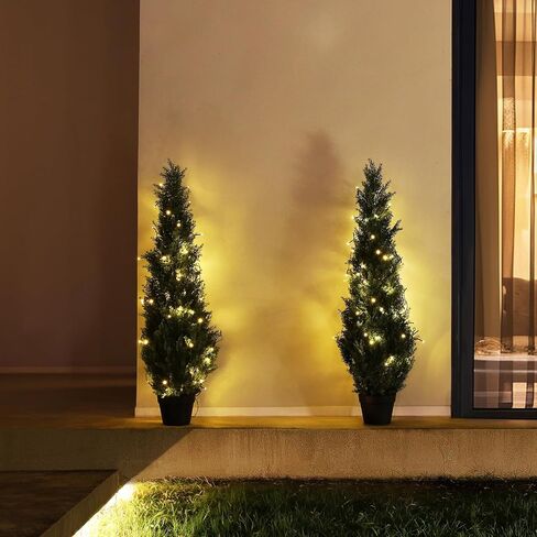 Artificial Cedar Topiary Trees for Outdoors 3ft Fake Cypress Plants with Solar Light String, Faux uv Resistant Plants for Home Front Porch Decor，Set of 2 in Kuwait