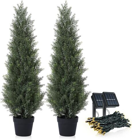 Artificial Cedar Topiary Trees for Outdoors 3ft Fake Cypress Plants with Solar Light String, Faux uv Resistant Plants for Home Front Porch Decor，Set of 2 in Kuwait