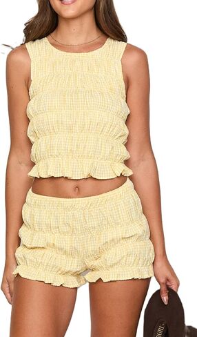 Women Cute 2 Piece Matching Set Ruffle Off Shoulder Smocked Top and Bloomers Shorts Coquette Pajamas Set Loungewear in Kuwait