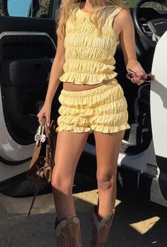 Women Cute 2 Piece Matching Set Ruffle Off Shoulder Smocked Top and Bloomers Shorts Coquette Pajamas Set Loungewear in Kuwait