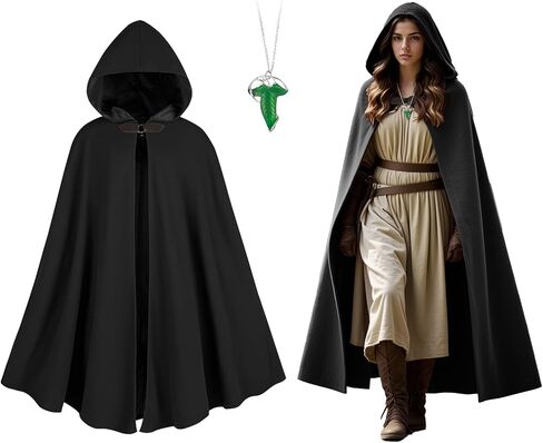 Cloak with Hood Women, Medieval Costume Round Metal Buckle Cloak with Green Leaf Brooch Necklace for Halloween. in Saudi Arabia