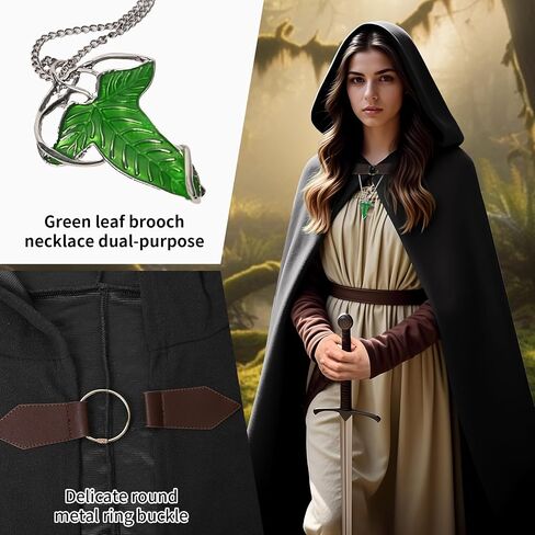 Cloak with Hood Women, Medieval Costume Round Metal Buckle Cloak with Green Leaf Brooch Necklace for Halloween. in Saudi Arabia