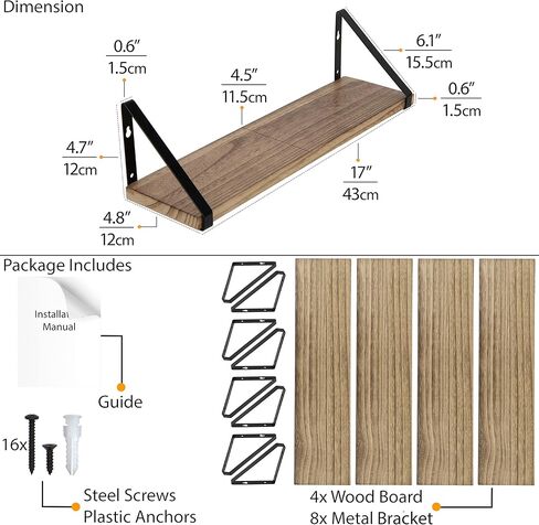 Wallniture Ponza Floating Shelves for Wall, Laundry Room and Bathroom Storage Shelf Unit Set of 3, Natural Burned Rustic Wood Wall Decor with Metal Floating Shelf Bracket in Saudi Arabia