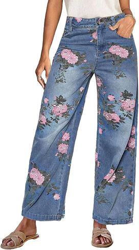 Flamingals High-Rise Vintage Floral Straight Leg Pants for Women Summer Casual Denim Pants in Saudi Arabia