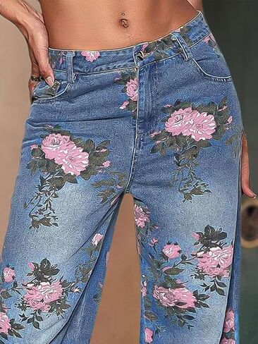 Flamingals High-Rise Vintage Floral Straight Leg Pants for Women Summer Casual Denim Pants in Saudi Arabia