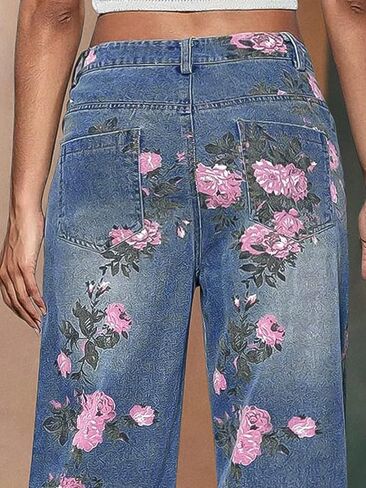 Flamingals High-Rise Vintage Floral Straight Leg Pants for Women Summer Casual Denim Pants in Saudi Arabia