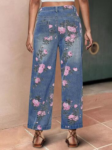 Flamingals High-Rise Vintage Floral Straight Leg Pants for Women Summer Casual Denim Pants in Saudi Arabia
