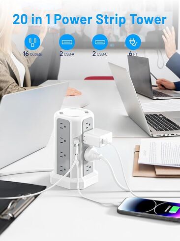 Power Strip Tower Surge Protector 16 Outlets and 4 USB Ports (PD 20W), 10FT Long Extension Cord with Flat Plug 1800J Overload Protection for Home Office DormRoom Essentials in Saudi Arabia
