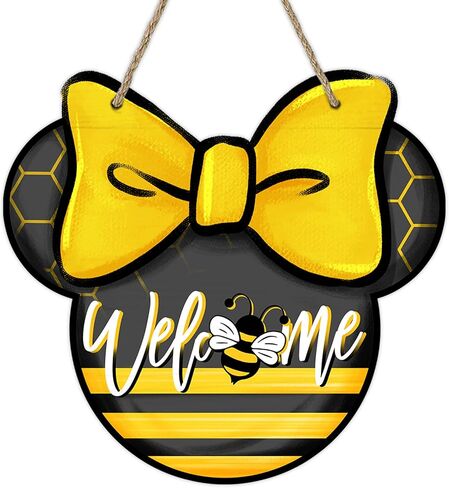 Welcome Spring Summer Cartoon Mouse Sign for Front Door Decor, Bee Yellow Black Wood Door Hanger for Outdoor Outside Porch, Polka Dot Bow Seasonal Wooden Wreath Indoor Wall Hanging Decoration in Saudi Arabia
