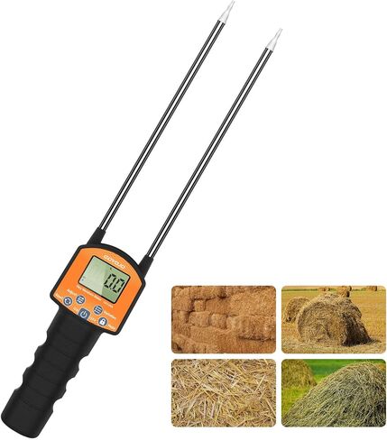 Portable Hay Moisture Meter Tester - Long Probe Type Digital Moisture Analyzer for Forage, Bale, and Agricultural Applications, with Red LED Threshold Warning and Auto Temperature Compensation in Kuwait