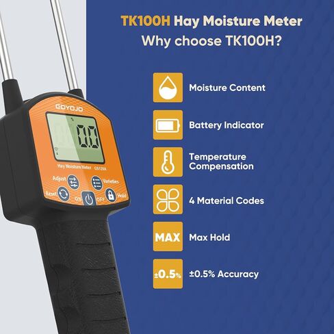 Portable Hay Moisture Meter Tester - Long Probe Type Digital Moisture Analyzer for Forage, Bale, and Agricultural Applications, with Red LED Threshold Warning and Auto Temperature Compensation in Kuwait