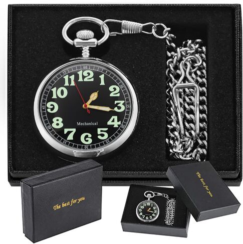 Pocket Watch Alloy Hand Wind Mechanical Pocket Watches Men Arabic Numerals Steampunk with Chain&Box in Kuwait