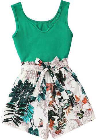 NEW 6-14 Years Seechosle Girls 2 Piece Outfits Ribbed Tank Top and Paperbag Shorts Set with Pockets in Kuwait