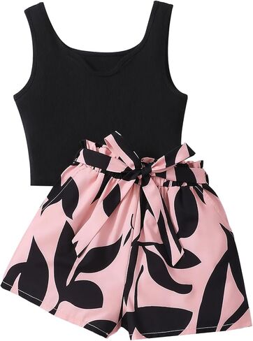 NEW 6-14 Years Seechosle Girls 2 Piece Outfits Ribbed Tank Top and Paperbag Shorts Set with Pockets in Kuwait
