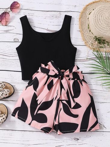 NEW 6-14 Years Seechosle Girls 2 Piece Outfits Ribbed Tank Top and Paperbag Shorts Set with Pockets in Kuwait