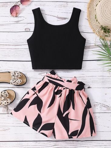 NEW 6-14 Years Seechosle Girls 2 Piece Outfits Ribbed Tank Top and Paperbag Shorts Set with Pockets in Kuwait