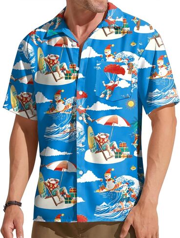 Christmas Hawaiian Shirt for Men: Christmas in July T-Shirt Santa Claus Summer Beach Button Down Tops in Saudi Arabia