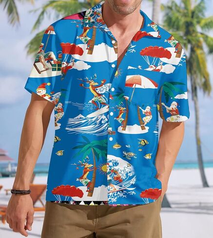 Christmas Hawaiian Shirt for Men: Christmas in July T-Shirt Santa Claus Summer Beach Button Down Tops in Saudi Arabia