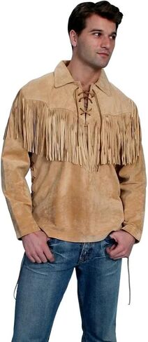 Men's Western Cowboy Suede Leather Shirt | Native American Shirts with Fringes| Vintage Lace-Up Pullover Shirt in Saudi Arabia