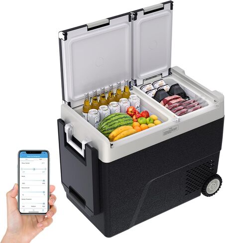 62 QT(58L) Portable Car Electric Cooler, 12V Refrigerator Fridge Freezer for Car, Dual Zone, -4℉~68℉, App Control, Wheels, AC/DC Charger for Camping, Picnic, Travel, Road Trip, Black in Saudi Arabia