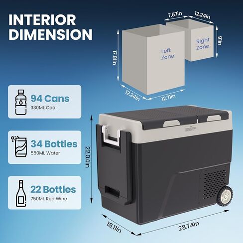 62 QT(58L) Portable Car Electric Cooler, 12V Refrigerator Fridge Freezer for Car, Dual Zone, -4℉~68℉, App Control, Wheels, AC/DC Charger for Camping, Picnic, Travel, Road Trip, Black in Saudi Arabia