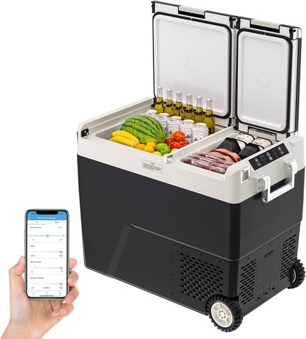 62 QT(58L) Portable Car Electric Cooler, 12V Refrigerator Fridge Freezer for Car, Dual Zone, -4℉~68℉, App Control, Wheels, AC/DC Charger for Camping, Picnic, Travel, Road Trip, Black in Saudi Arabia