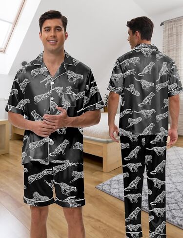 Silk Pajamas for Men 3 Piece Mens Summer Satin Pajamas Set Short Sleeve Men's Sleepwear with Pants Eye Mask in Saudi Arabia