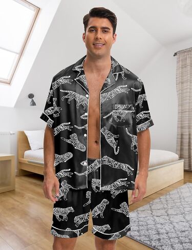 Silk Pajamas for Men 3 Piece Mens Summer Satin Pajamas Set Short Sleeve Men's Sleepwear with Pants Eye Mask in Saudi Arabia