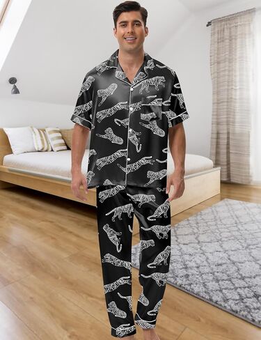 Silk Pajamas for Men 3 Piece Mens Summer Satin Pajamas Set Short Sleeve Men's Sleepwear with Pants Eye Mask in Saudi Arabia