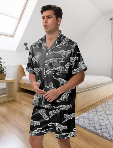 Silk Pajamas for Men 3 Piece Mens Summer Satin Pajamas Set Short Sleeve Men's Sleepwear with Pants Eye Mask in Saudi Arabia