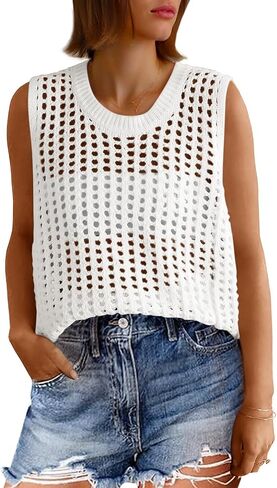Fisoew Womens Summer Crochet Tank Tops Sleeveless Scoop Neck Loose Knit Sweater Vest Boho Hollow Out Beach Cover Ups in Saudi Arabia