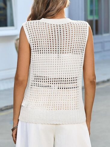 Fisoew Womens Summer Crochet Tank Tops Sleeveless Scoop Neck Loose Knit Sweater Vest Boho Hollow Out Beach Cover Ups in Saudi Arabia