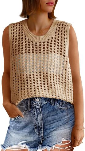 Fisoew Womens Summer Crochet Tank Tops Sleeveless Scoop Neck Loose Knit Sweater Vest Boho Hollow Out Beach Cover Ups in Saudi Arabia