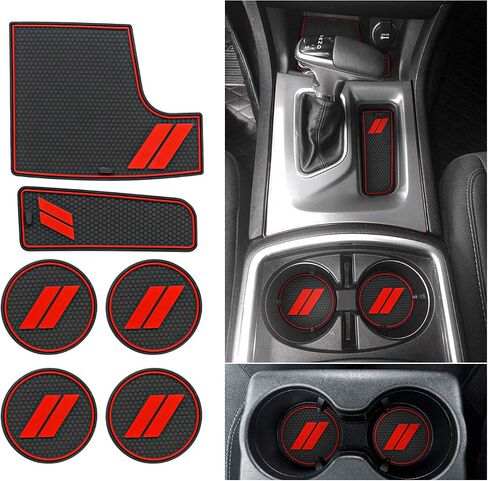 Fits Dodge Charger Accessories 2015-2023, Cup Holder Insert Center Console Shifter Liner Trim Interior Door Pocket Mats Pad (6pcs Set,Red Trim) in Kuwait