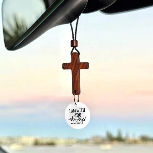 Daily Bible Verse Rearview Mirror Cross Ornament – Daily Scripture Car Charm Hanging Cross for Car with “I Am with You Always" Medallion (Black) in Saudi Arabia