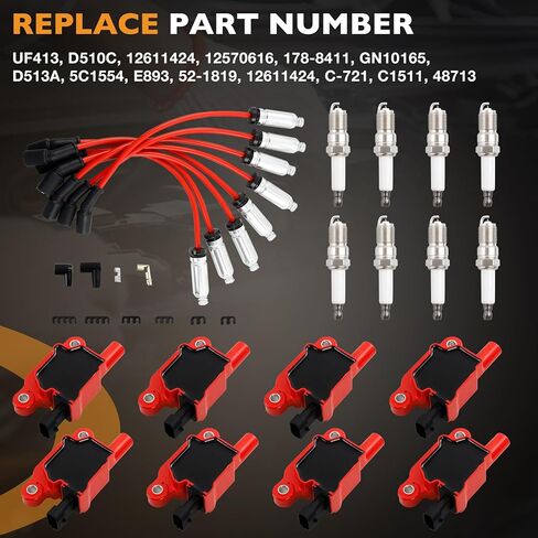 HQPASFY IGNITION COIL UF413 & IRIDIUM SPACK SLUP & WIRES مجموعة من 8 متوافقة مع Cadillac CTS Escalade Chevrolet Silverado Express 1500 2500 3500 GMC Sierra 4.8L 5.3L 6.0L RAPALCE# D510C in Kuwait