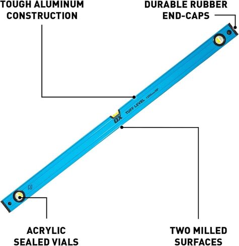 OX Tools OX-P503418 72-inch TUFF Level with Shock Resistant End Caps – Single Solid Piece Box Level Body to Keep Mud Out & Reinforced Vials 6 foot level Contractor Grade |Aluminum Box Level in Kuwait