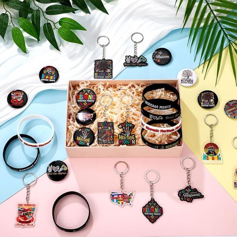 Kenning 300 PCS Hispanic Honorage Monthes Midways Acrylic Keychains و Silicone Bracelets و Button Pins Gomts للنساء والرجال والاحتفالات الثقافية in Kuwait