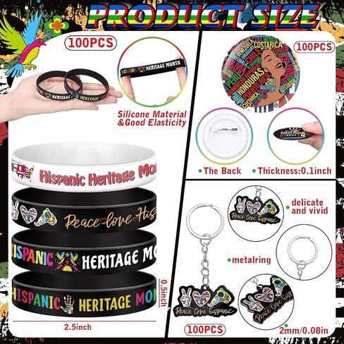 Kenning 300 PCS Hispanic Honorage Monthes Midways Acrylic Keychains و Silicone Bracelets و Button Pins Gomts للنساء والرجال والاحتفالات الثقافية in Kuwait