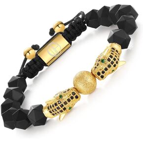 Gold Bracelets for Men 18K Gold Plated Stainless Steel Leopard Head Tiger Eye Stone Black Onyx Beads Handcrafted Adjustable Mens Bracelet Birthday Gift in Saudi Arabia