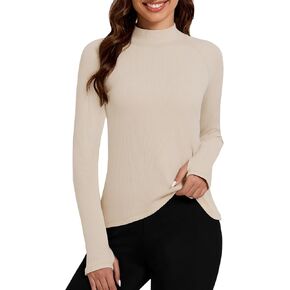 Bonneuitbebe Women's Thermal Shirts Fleece Lined Undershirt Mock Neck Ribbed Basic Tops Workout Base Layer with Thumb Hole in Kuwait