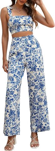 Floerns Women's 2 Piece Sets Summer Boho Floral Crop Tank Cami Tops and Wide Leg Pants Vacation Outfits in Saudi Arabia