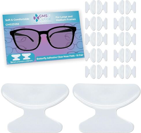 GMS Optical 2.5mm Thick / 18mm Long Length - Adhesive Butterfly Contoured Shape Anti-Slip Silicone Eyeglass Nose Pads, Non-Slip Nose Pads for Glasses, For Sunglass Nose Pads Replacement - 5 Pair Clear in Kuwait
